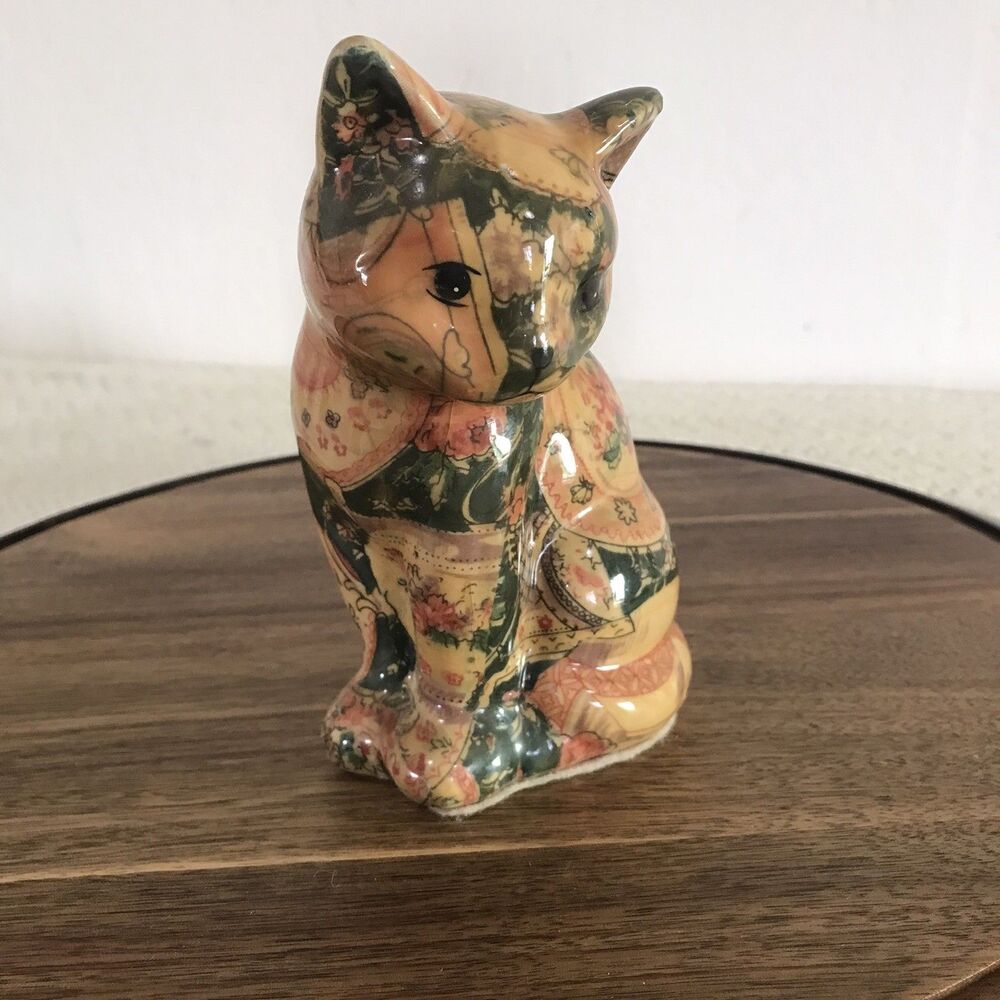 Vintage Ceramic Cat Figurine 7" Floral Patchwork Chintz Pattern Kitsch Decor